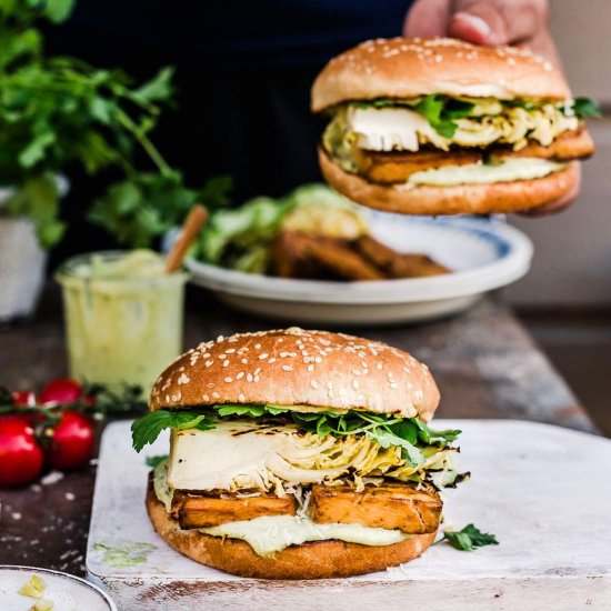 Vegan Caesar salad tofu burger