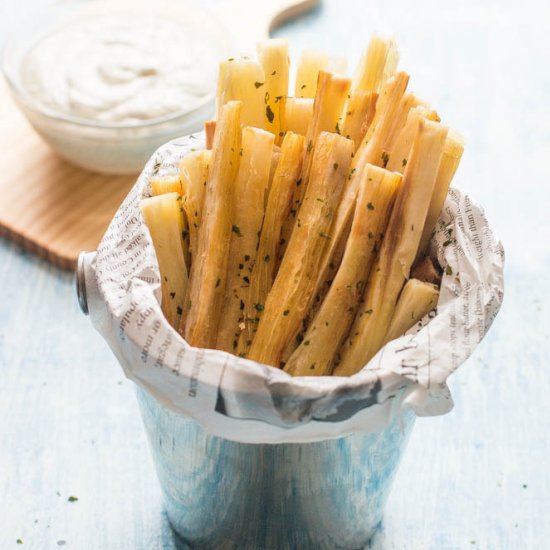 yucca fries with lime yoghurt dip