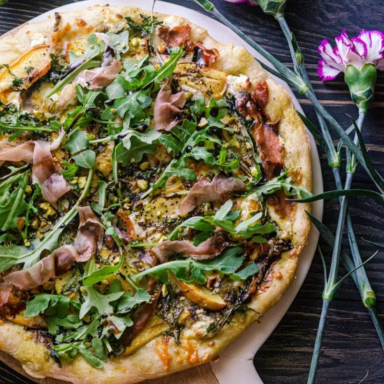 Peach Pizza with Pesto & Prosciutto