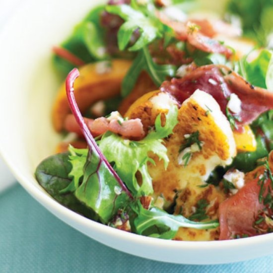 Peach, haloumi and prosciutto salad