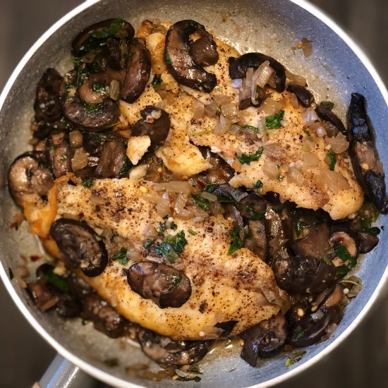 tilapia + white wine mushroom sauce