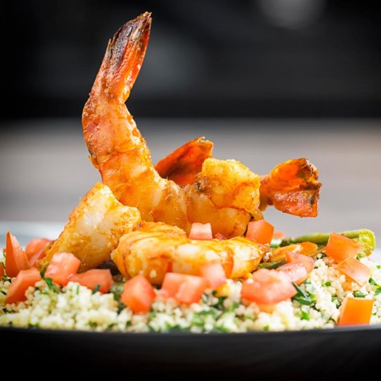 Harissa Garlic Prawns with Couscous