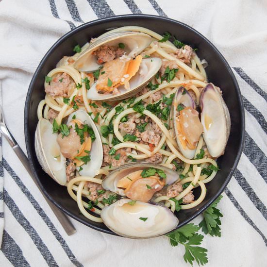 Pasta with clams and sausage