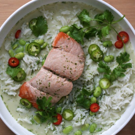 brothy green tea poached salmon