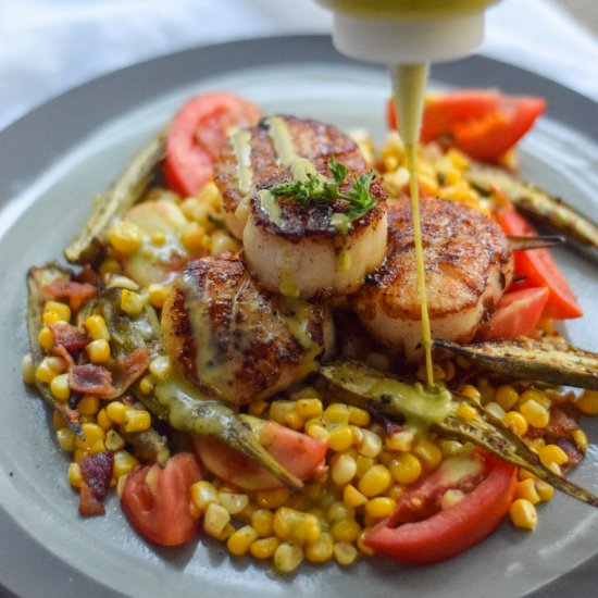 Scallops + Corn, Tomato, Okra Salad