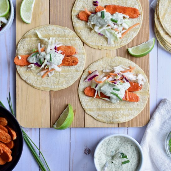 Vegan Buffalo Tempeh Tacos w Ranch