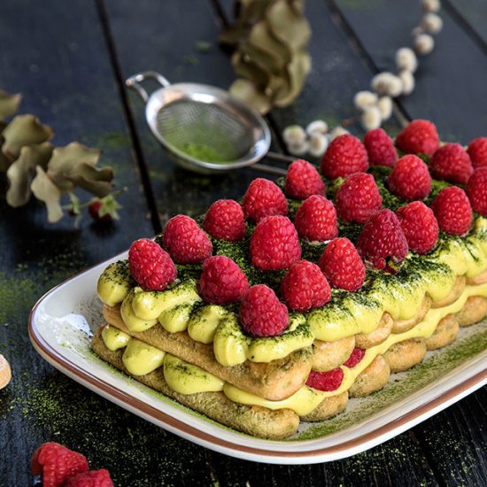 Matcha Tiramisu with Raspberries