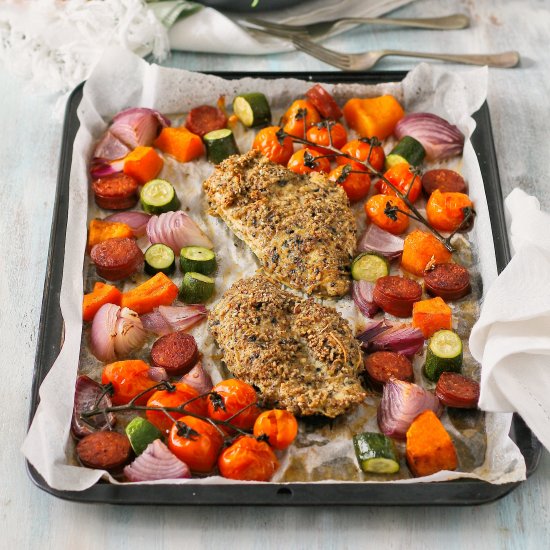 Dukkah chicken tray bake