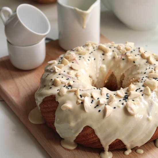 Banana bundt cake with tahini glaze