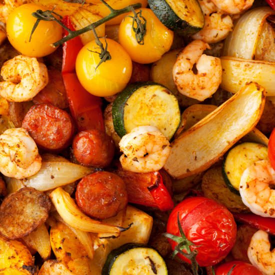 Sheet Pan Chorizo & Prawns