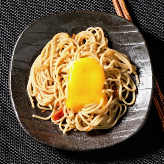 Confit egg yolk, soba, XO sauce