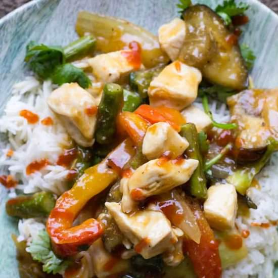 Spicy chicken and eggplant stir-fry