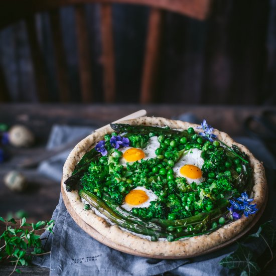 Asparagus, pea and egg galette