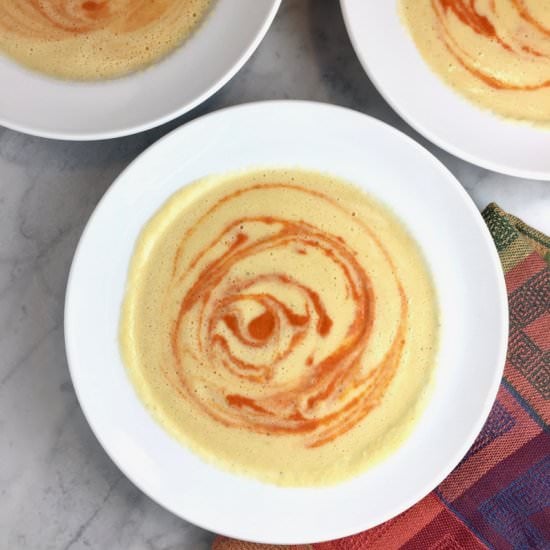 Corn Soup with Red Pepper Swirl