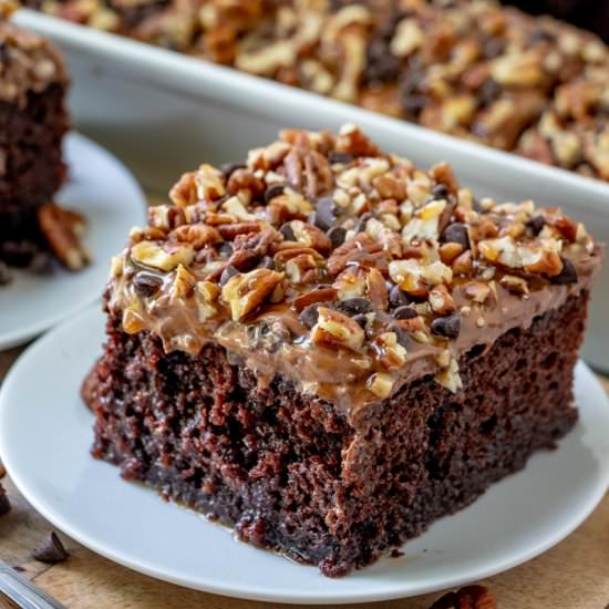 Chocolate Turtle Poke Cake