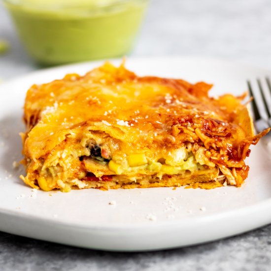 Enchilada Lasagna with Avocado Cream