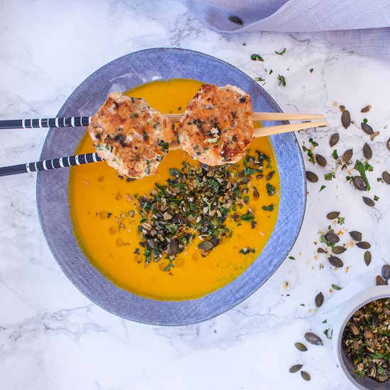 PUMPKIN SOUP WITH SALMON CAKES AND