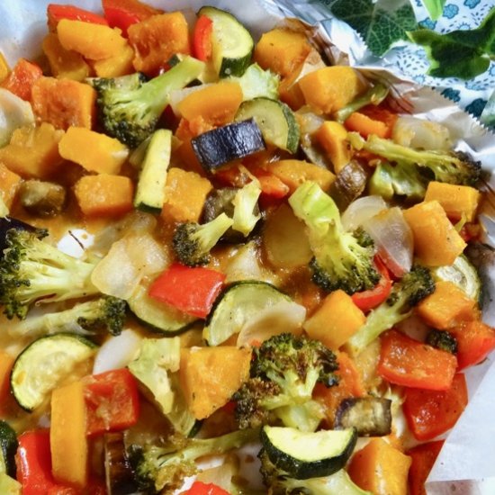 Roasted vegetables with miso sauce.