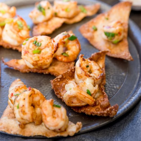 Spicy Prawns on Crispy Wontons