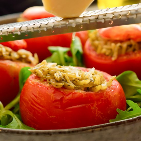 Stuffed Tomatoes with Pesto Orzo