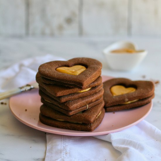 Chocolate and caramel heart cookies