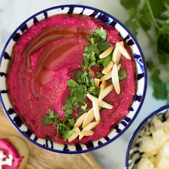 Fresh pink beetroot hummus