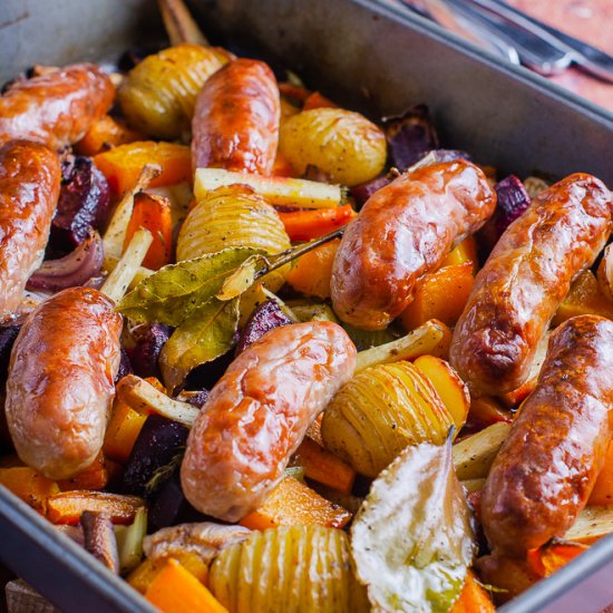 Sticky Sausage Traybake