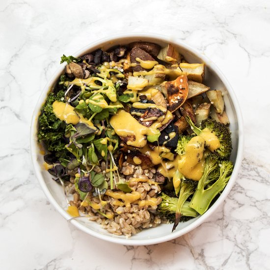 Farro, Sweet Potato, Broccoli Bowl