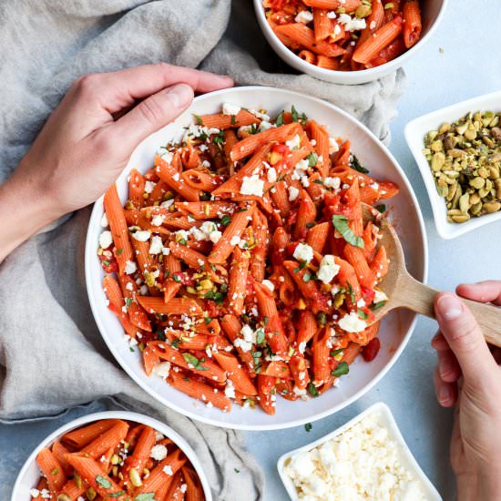 spicy red lentil pasta with feta