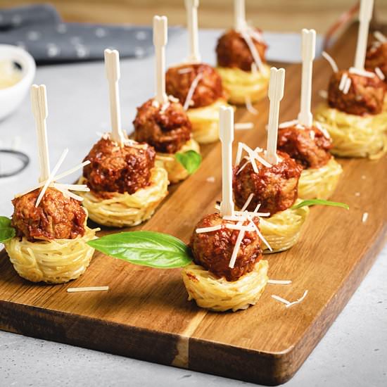 Mini Spaghetti Nests and Meatballs