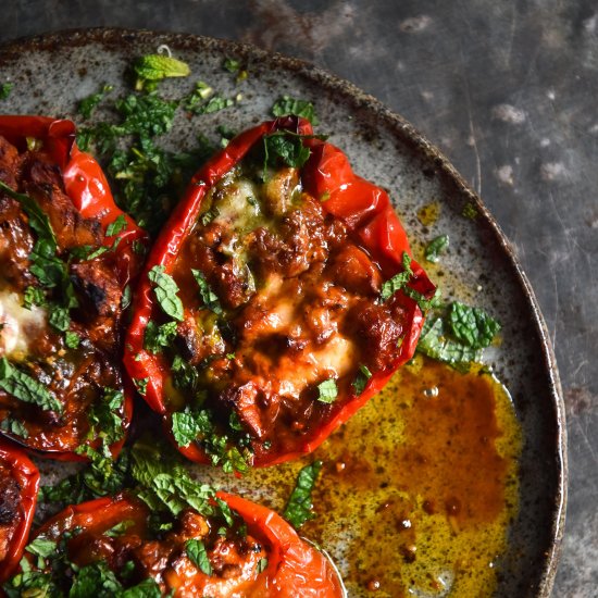 Vegetarian mince stuffed capsicums