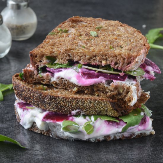 Sandwich with goat cheese and beet