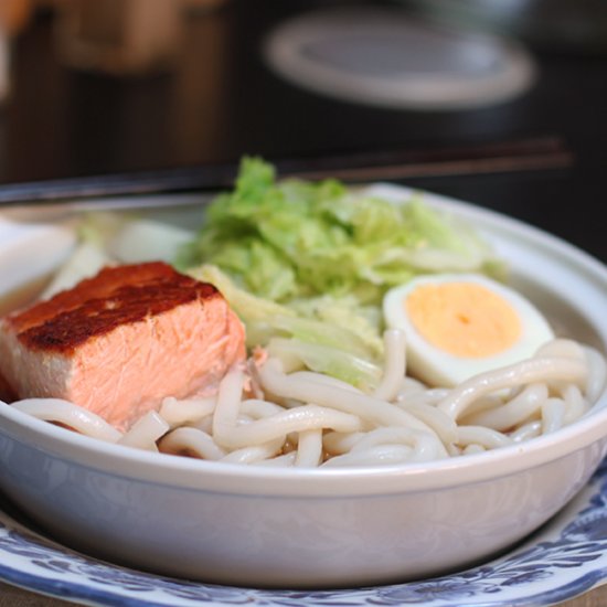 Salmon and Udon Noodle Dashi Soup