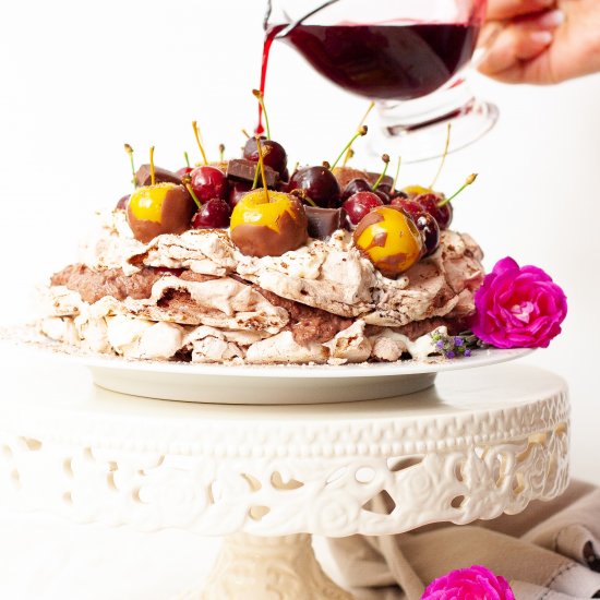 Cherry and chocolate mousse pavlova