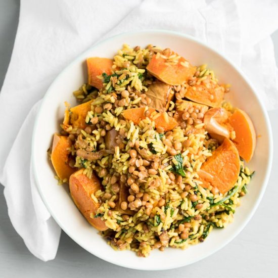 Roasted Squash with Rice + Lentils