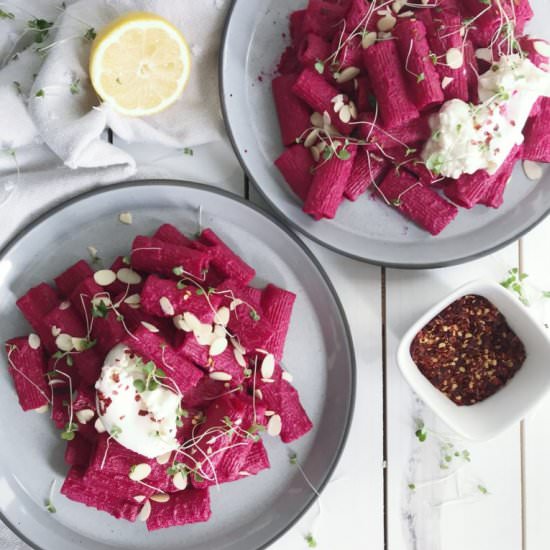 beet pasta with creamy burrata