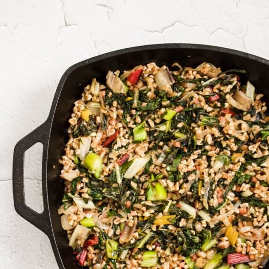 Farro, chard, and pancetta salad