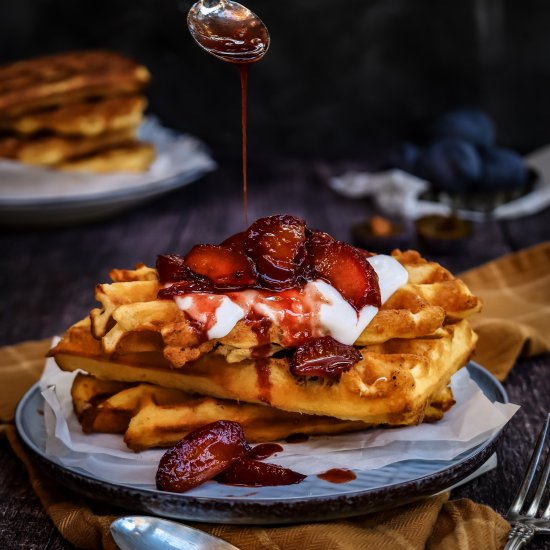 Easy waffles with roasted plums