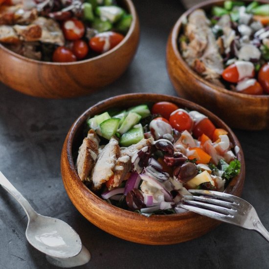 Kale Greek Salad with Garlic Tahini