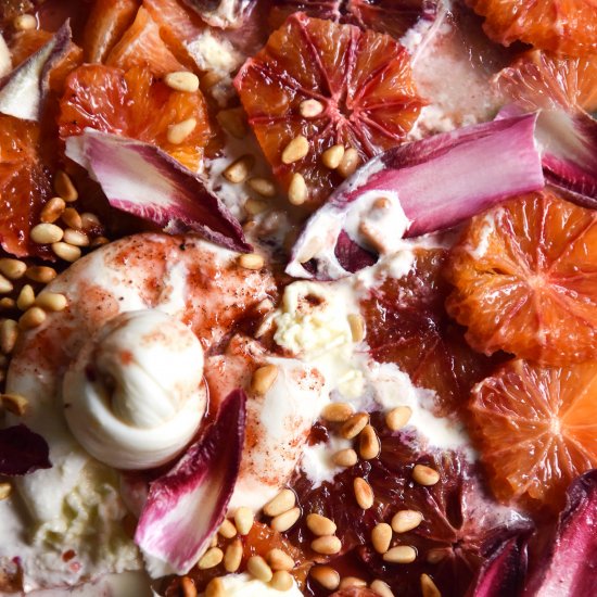 Blood orange, burrata pinenut salad