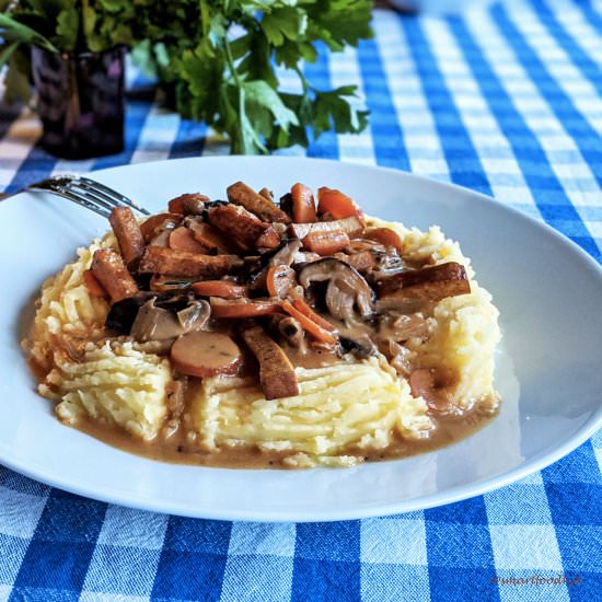 Mushroom and smoked tofu Stroganoff