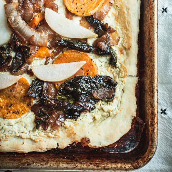 Collard, Butternut, and Pear Pizza