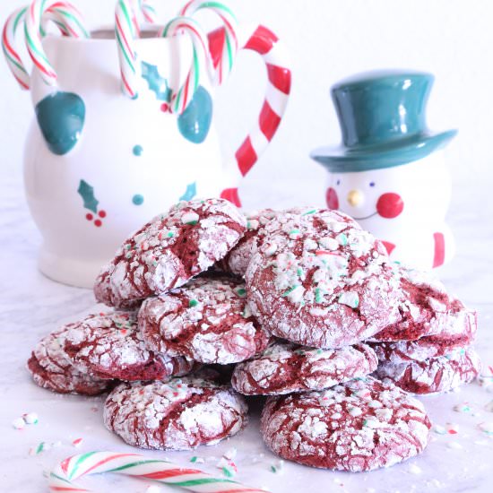 Red Velvet Candy Cane Crinkle Cookies