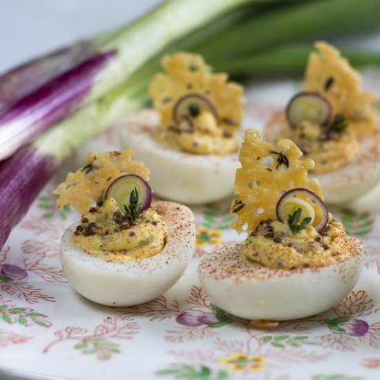 Deviled Eggs and Crisp Cheese Frico