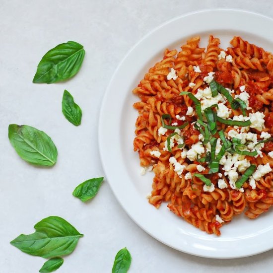 MEATY FUSILLI WITH BASIL AND FETA