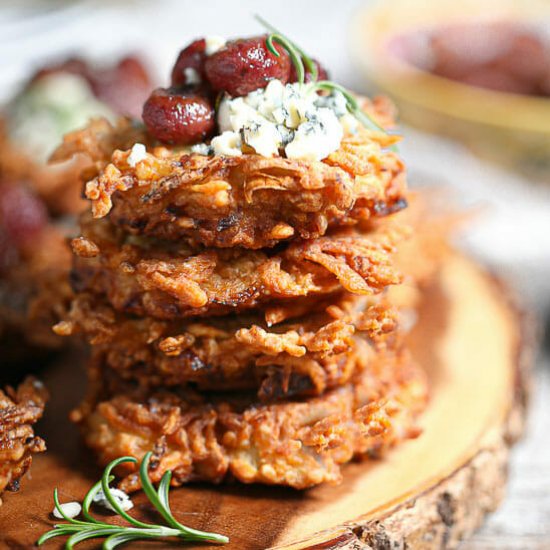 Potato Latkes w Gorgonzola & Grapes