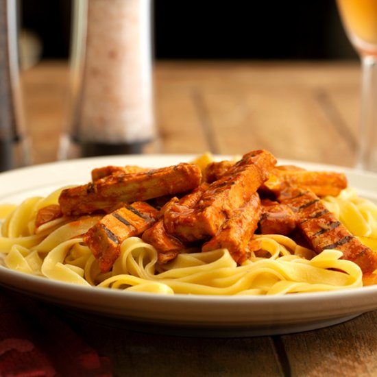 Meatless Chicken Paprika Over Pasta