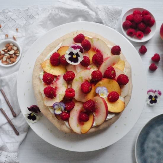 Peach Melba Almond Meringue Gateau