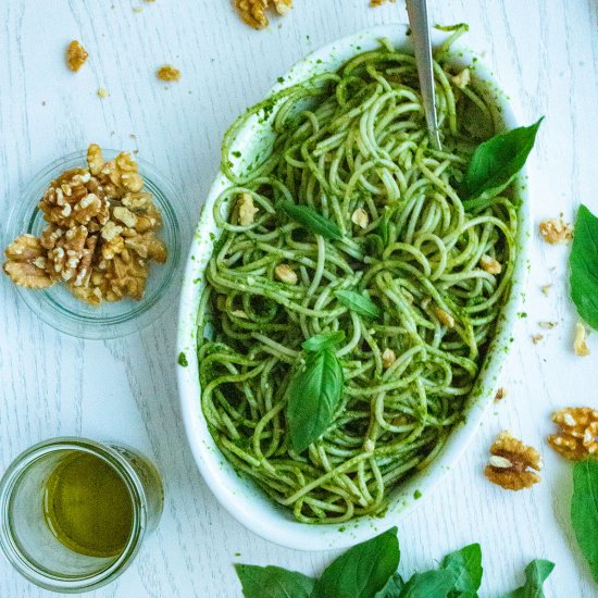 Rice Spaghetti with Vegan Basil Pesto