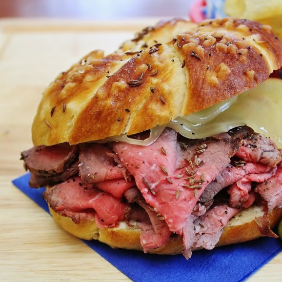 Caraway Roast Beef on Pretzel Rolls